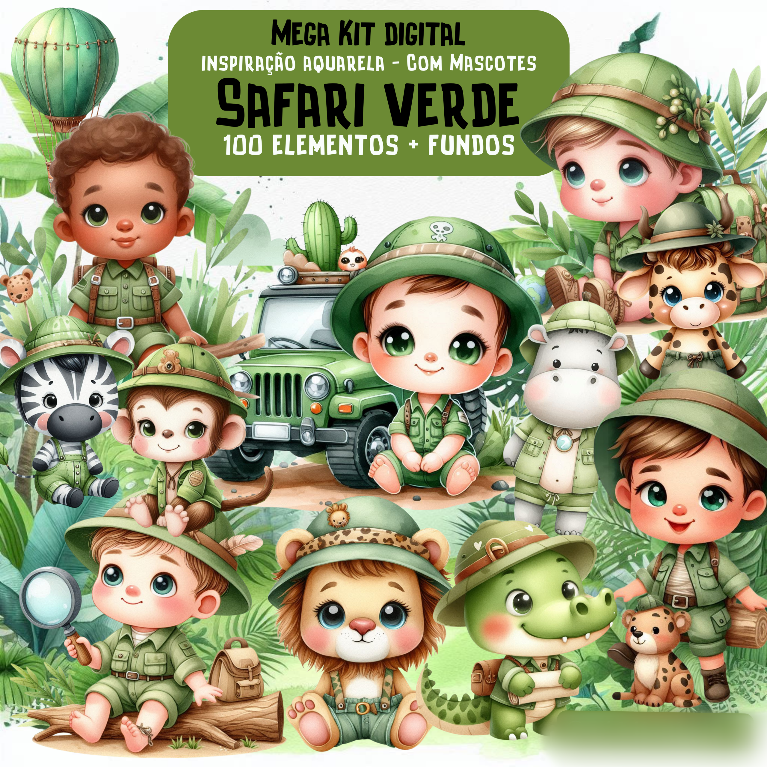 17 - Safari Verde Aquarela Safari - Kit Digital - Imagem 1