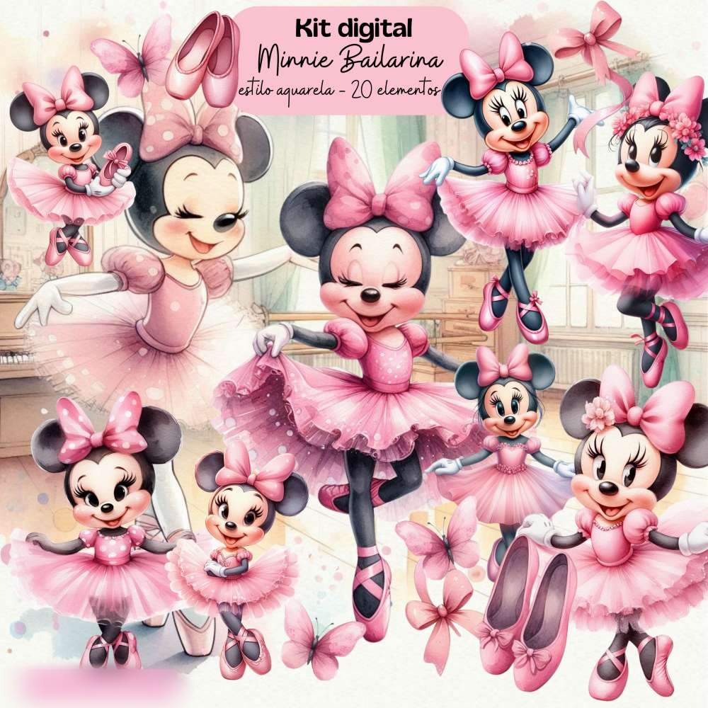 2 - Minnie Bailarina Aquarela Minnie Bailarina - Kit Digital - Imagem 1