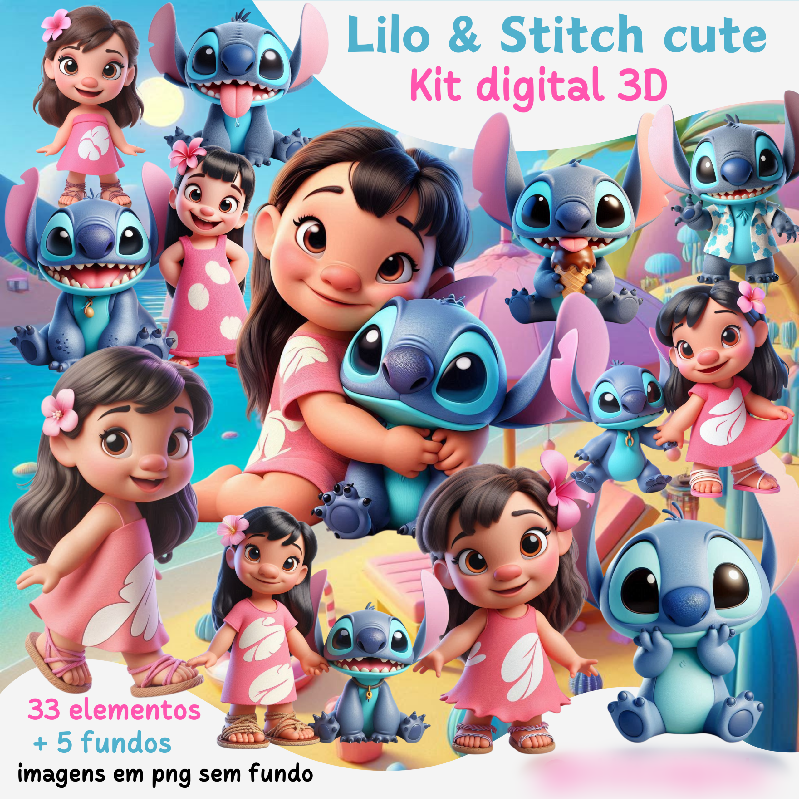 31 - Lilo & Stitch cute 3D Lilo e Stitch - Kit Digital - Imagem 1