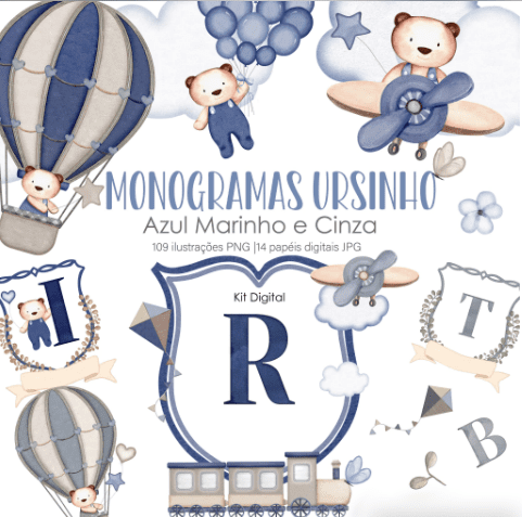 MONOGRAMAS URSINHO AZUL MARINHO E CINZA Monogramas Ursinho Azul - Kit Digital - Imagem 1